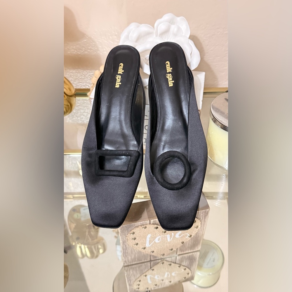cult gaia Black Satin Mule Slides with Decorative Buckles
